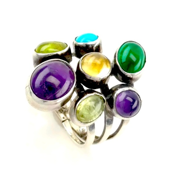 Signed - Gilo & Grace Nakai, Navajo. Vintage Multi Stone Sterling Cluster Ring - Picture 4 of 14